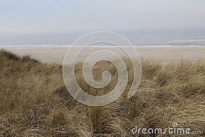 Looking over the dune-grass over the North Sea at the ilse of VLieland Stock Photo