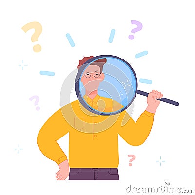 Looking something at magnifier. Fun man look eye in magnifying glass, research check inspection concept cartoon person Vector Illustration