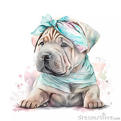 The Cutest Stock Photo You'll See Today: A Shar Pei Puppy in a Pastel Headband Bandana, Captured in Watercolor AI Generated Stock Photo