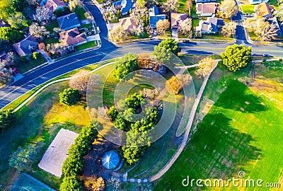 Looking straight down Over Park and Trails in Suburb Community Stock Photo