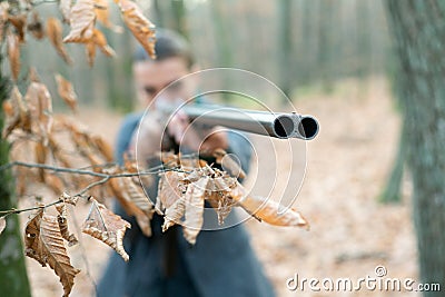Looking at target. gun barrel. girl with rifle. chase hunting. Gun shop. military fashion. achievements of goals Stock Photo