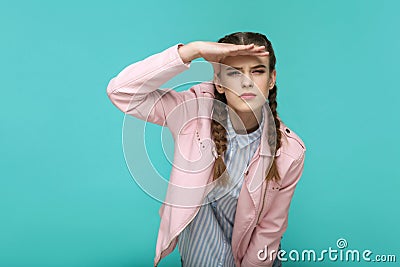 Looking too far. portrait of beautiful cute girl standing with m Stock Photo