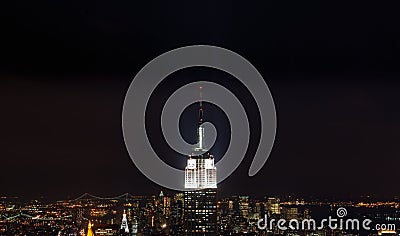 Sundown from the top of the rock - Empire State Building pinnacle brightly lit in the centre of the frame - in colour Editorial Stock Photo