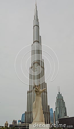 Looking up at the Burj Khalifa from the base of the base of the tallest building in the world in Dubai Editorial Stock Photo