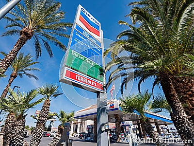 Looking up of the Chevron gasoline price sign Editorial Stock Photo