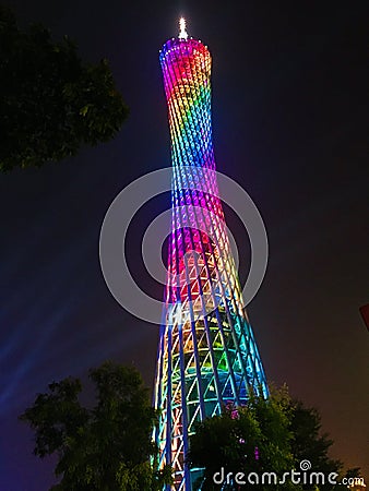 Looking up at the colorful Canton Tower at night Editorial Stock Photo