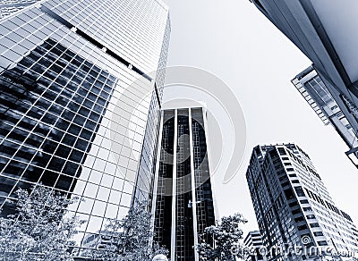 Made in America Skyscrapers business and Modern Futuristic Architeecture Looking up Denver Colorado Black and white Stock Photo