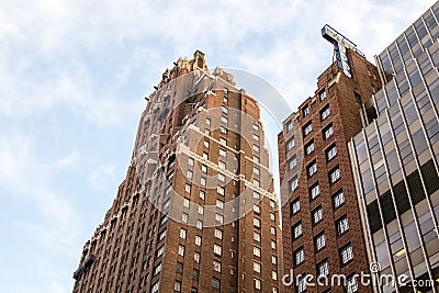 Looking up at Hilton Manhattan East, formerly the Tudor Hotel, New York Editorial Stock Photo
