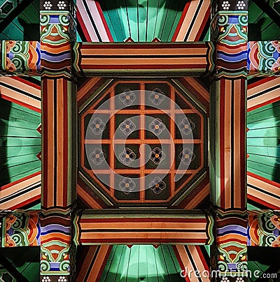 Looking up at the colorful ceiling of a Korean Pagoda. Stock Photo