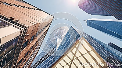 Looking up at Manhattan skyscrapers against the sun Stock Photo