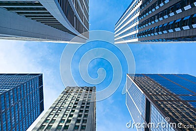 Upwards View of Multiple Skyscrapers in Downtown Chicago Stock Photo