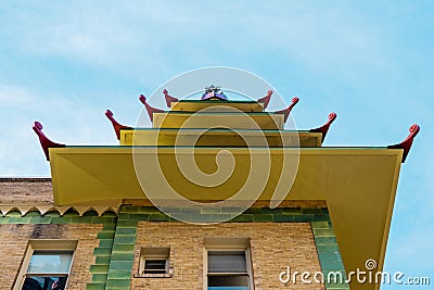 Looking up at a pagoda style building in Chinatown San Francisco Stock Photo