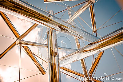 Looking up at the sky through an abstract chrome statue at the Frederik Meijer Gardens Stock Photo