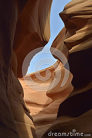 Looking up through the slot at Lower Antelope Canyon, Hasdestwazi, LeChee Chapter, Navajo Nation, Arizona Stock Photo