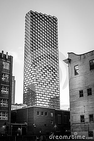 Looking up at the Telus Sky Tower, Black and white. Editorial Stock Photo