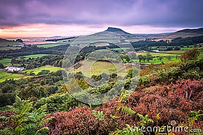 Looking West at sunset to Roseberry Topping, Yorkshire Stock Photo