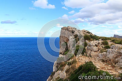 Lookout point Mirador Es Colomer at Cap de Formentor cliff coast and Mediterranean Sea, Majorca Stock Photo