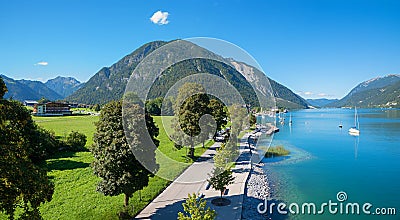 Lookout point Pertisau, view to lake Achensee lakeside promenade and road Stock Photo