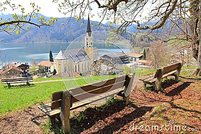 Lookout point to schliersee village with benches Stock Photo