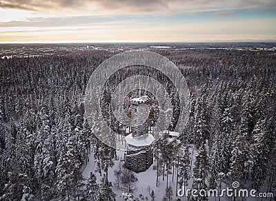 Lookout tower in winter landscape Stock Photo