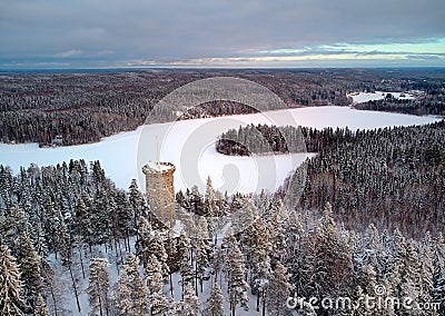 Lookout tower in winter landscape Stock Photo