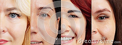 Set of close-up women' faces. Female half of faces without makeup. Anti-aged cosmetology, well-kept skin, medicine and Stock Photo