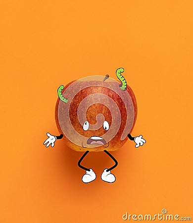 Contemporary artwork. Cute sad red apple thinking isolated over orange background. Drawn fruit in a cartoon style Stock Photo