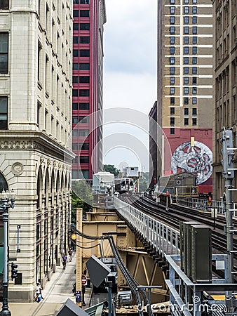 The Loop - elevated train line between buildings - Chicago, Illinois Editorial Stock Photo