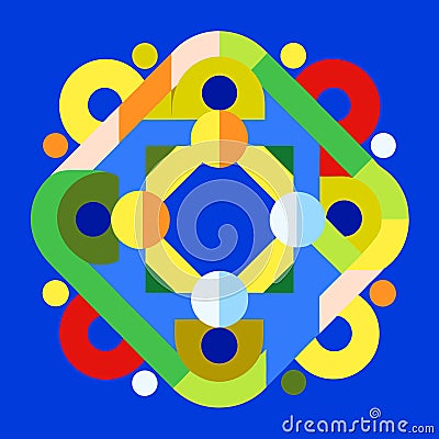 A looped texture consisting of rectangles and circles of different colors forming a simple solid geometric shape Stock Photo