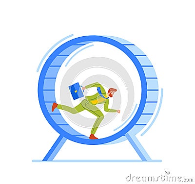 Looping Life and Daily Routine Concept. Tired Stressed Business People Running inside of Huge Hamster Wheel Vector Illustration
