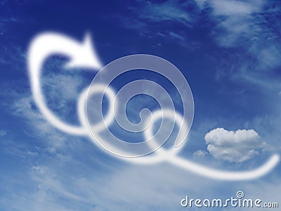 Loops and loopholes in the sky, with clouds and arrow. Escape, fly away concept. Stock Photo