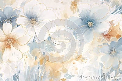 Loose Abstract Floral Painting with Neutral Blue Background Stock Photo