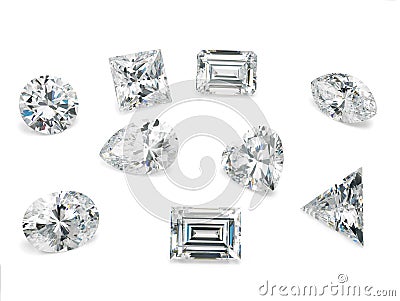 Diamond shapes on White Background - Fancy Polished Diamond Shapes Stock Photo