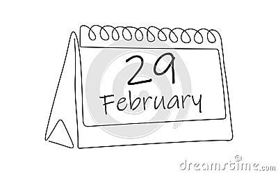 Loose-leaf calendar continuous line drawing. Calendar page 29 February, month 2024 or 2028 and 366 days. 29th Day of february, Vector Illustration