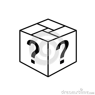 Loot box icon. Square cube outline box with question marks. Surprise gift symbol. Vector Illustration