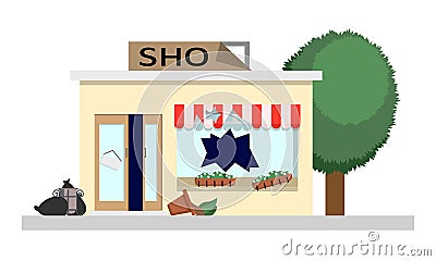 Looted store with broken windows, a damaged sign and an open door Vector Illustration