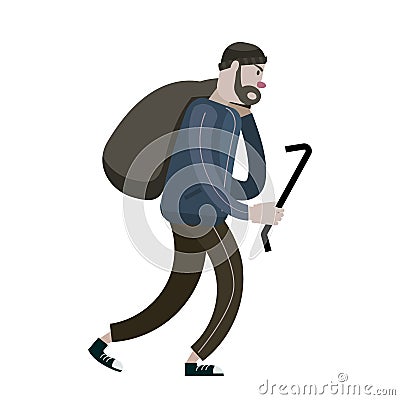 Looter with crowbar and bag. Robber, scrap, criminal character. Vector illustration isolated cartoon flat style Vector Illustration