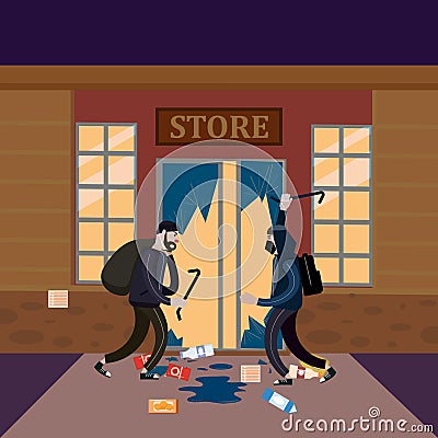 Looters with crowbar and bag make a store robbery, broken door, night. Robbers, scrap, criminal characters, crime scene Vector Illustration