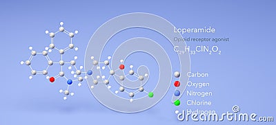 loperamide molecule, molecular structures, imodium, 3d model, Structural Chemical Formula and Atoms with Color Coding Stock Photo