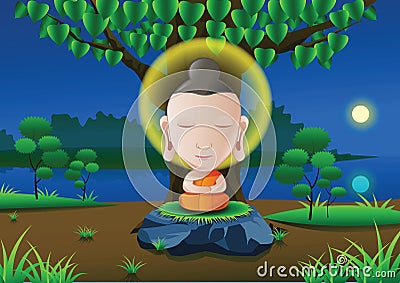 Lord of Buddha become enlightened under tree on Full moon night Vector Illustration