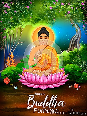 Lord Buddha in meditation for Buddhist festival Happy Buddha Purnima Vesak Vector Illustration