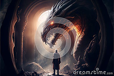 lord and the dragon in cave Stock Photo