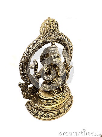 lord ganesh of hindu religion golden statue in sitting position with multiple hand Stock Photo
