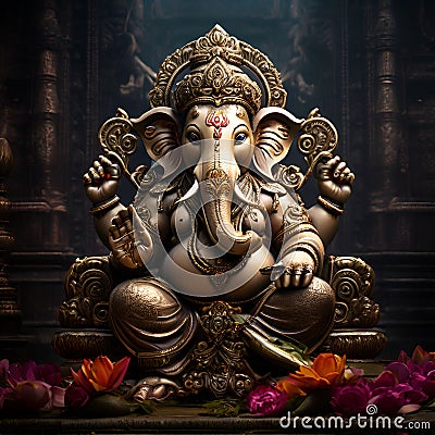 Lord Ganesh statue with flowers in the background. 3D illustration Stock Photo