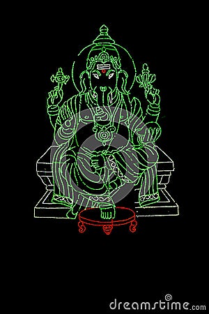 Lord Ganesha displayed in series of Green LED Lights Stock Photo