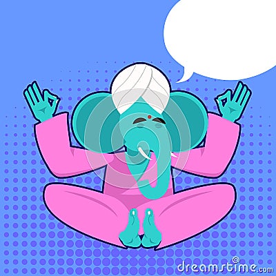 Lord Ganesha. Elephant yogi meditates. Elephant yoga. Blue Elephant is engaged in yoga. Animal meditating. Elephant in Indian Vector Illustration