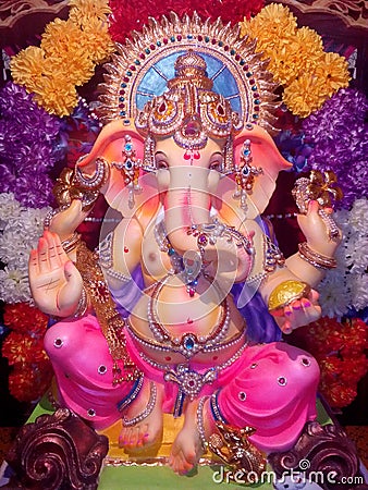 Lord Ganesha idol installed in Ganesh Chaturthi festival at home in Konkan Stock Photo