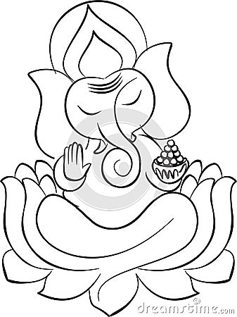 Lord Ganesha on lotus line art Vector Illustration