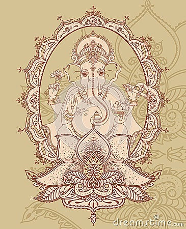 Lord Ganesha sitting in lotus and royal indian style ornament Vector Illustration