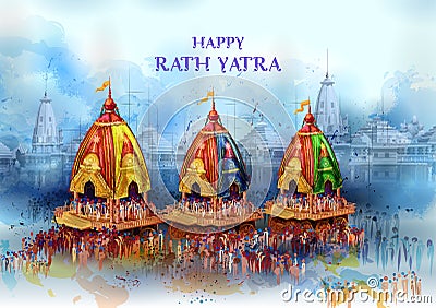 Lord Jagannath, Balabhadra and Subhadra on annual Rathayatra in Odisha festival background Vector Illustration